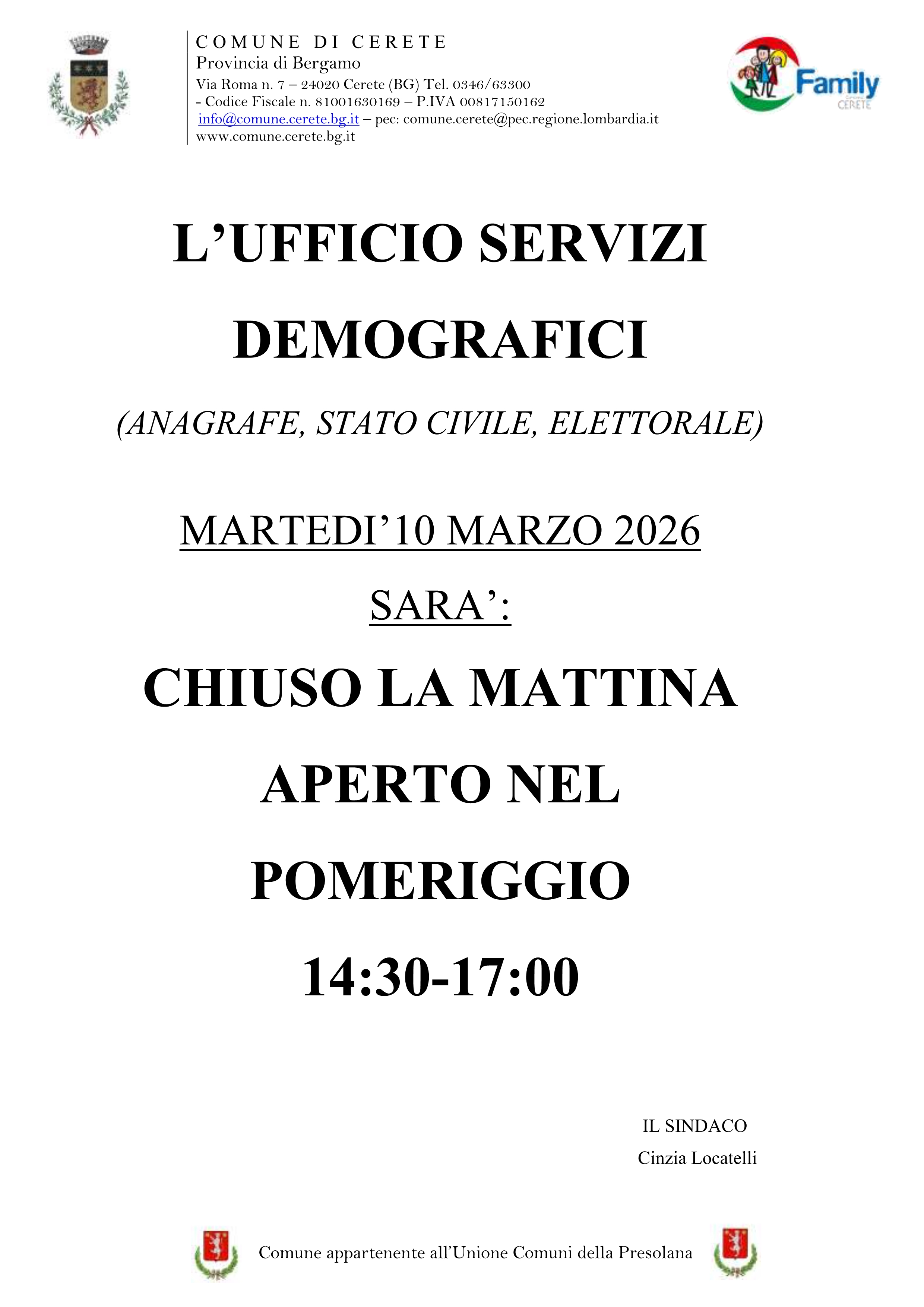 Chiusura Ufficio Anagrafe